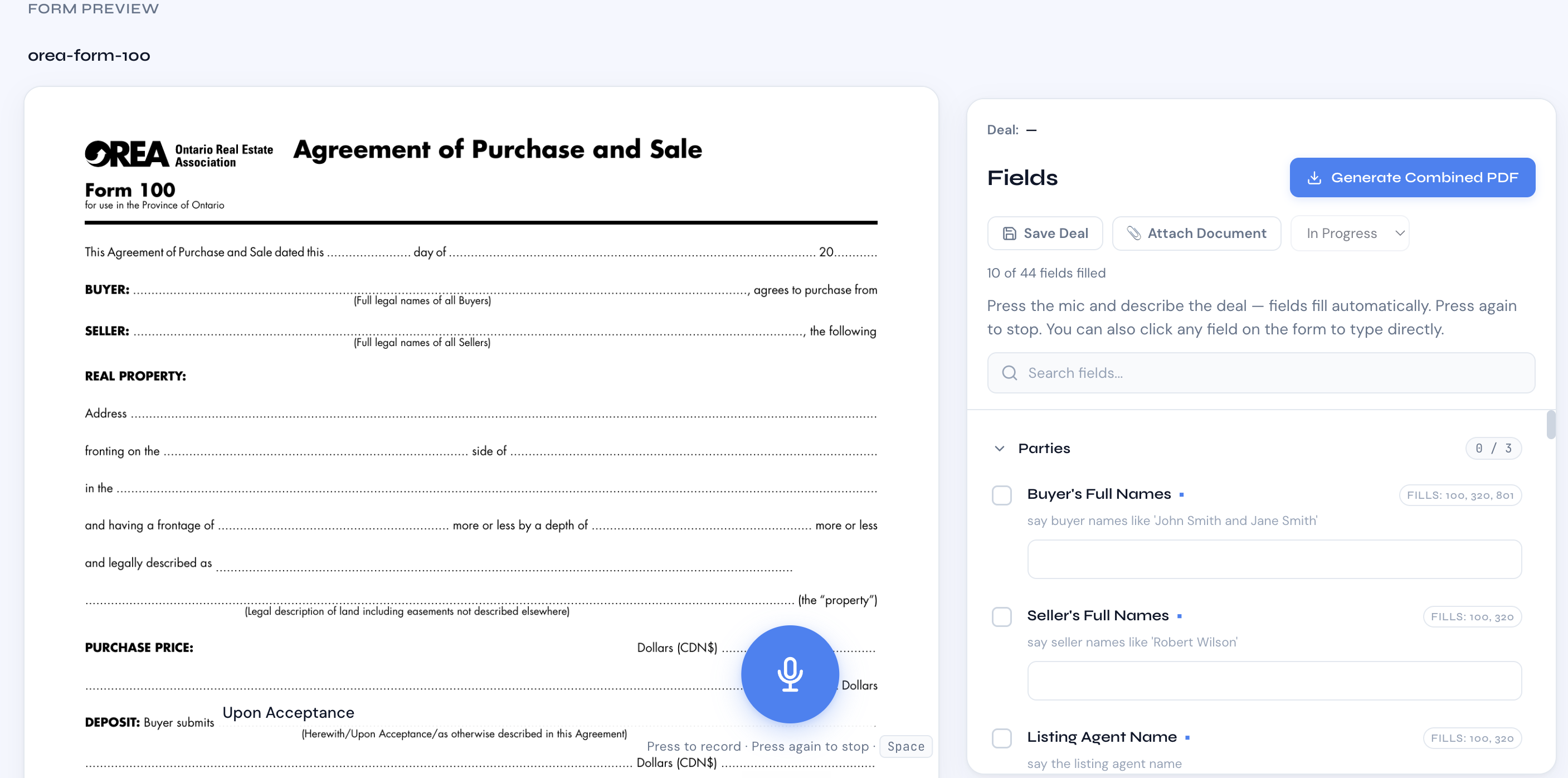 Dictate deal details by voice